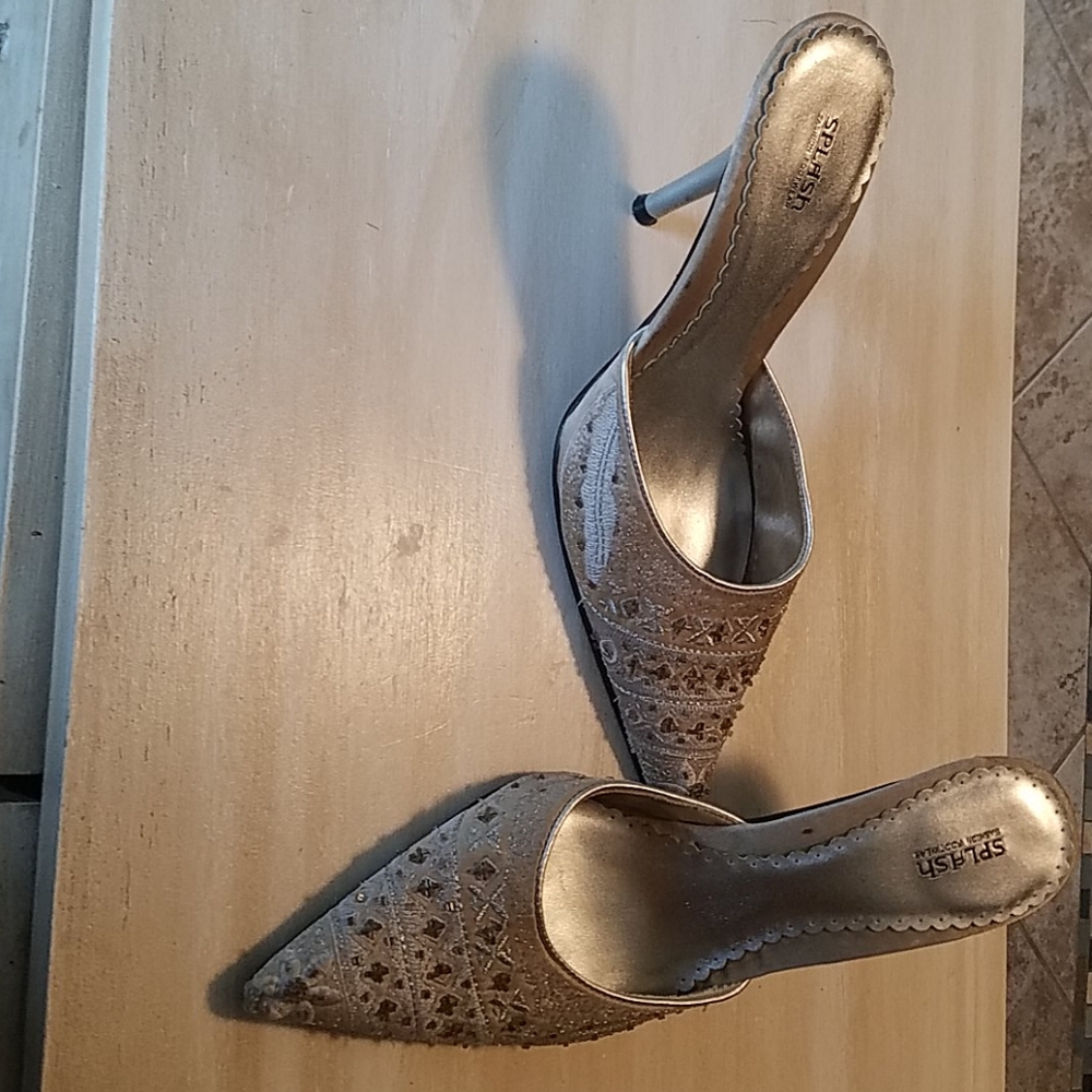 Silver sling back shoes with embellishments